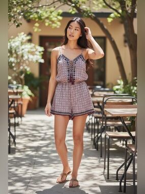 American Eagle Outfitters Women's patterned  romper with black embroidery